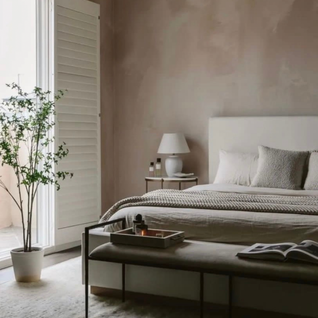 bedroom linen soft material wood metal interior inspiration limewash wall paint 